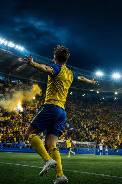 Anfallare i gult och blått jublar efter mål på en fullsatt svensk arena – fotboll med bästa IPTV