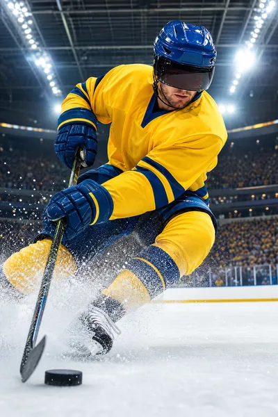 Ishockeyspelare i gult och blått i full fart med pucken – ishockey i HD med bästa IPTV