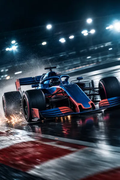 Formelbil i full fart genom en kurva i kvällsregn – motorsport via bästa IPTV