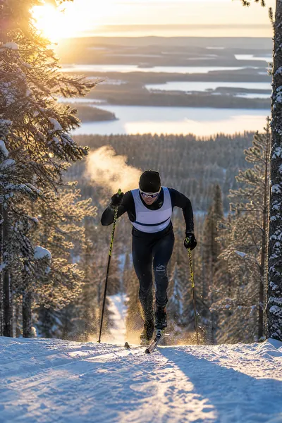 Längdskidåkare i spåret genom en frostig svensk tallskog – vintersport med bästa IPTV