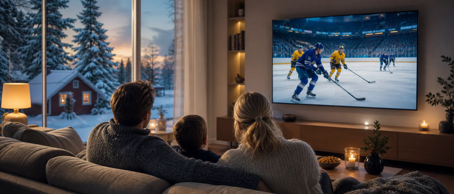 Familj i soffan som ser ishockey på smart-TV en vintrig kväll – bästa IPTV i det svenska vardagsrummet
