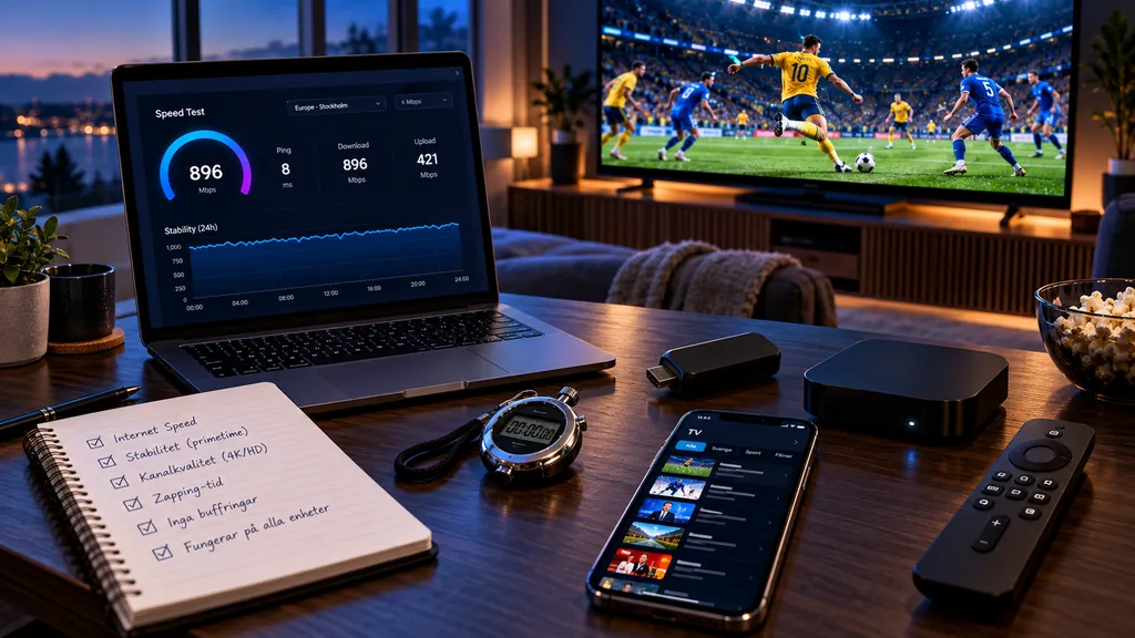 Så testar vi bästa IPTV – hastighetsmätning, checklista, Firestick, Android TV-box och iPhone på testbordet under en fotbollsmatch