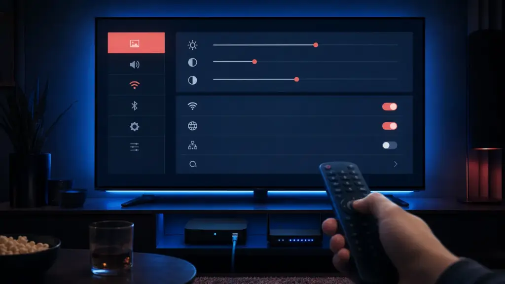Tv-skärm med inställningsmenyn öppen för bildläge, nätverk och buffert i en IPTV-app – Bästa IPTV