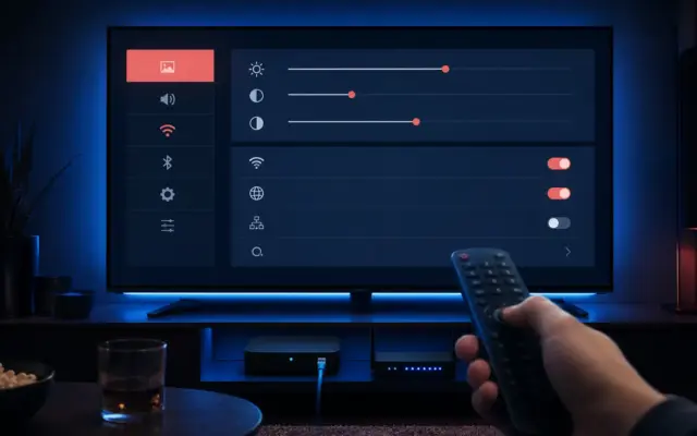 Tv-skärm med inställningsmenyn öppen för bildläge, nätverk och buffert i en IPTV-app – Bästa IPTV