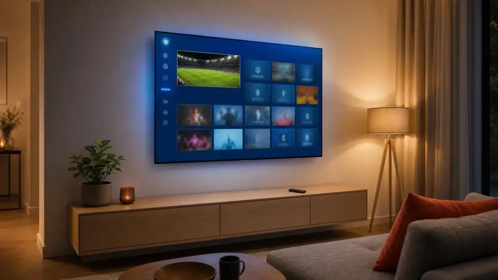 Smart-tv i ett vardagsrum som visar en IPTV-app med kanallista och tv-guide, utan någon box ansluten – Bästa IPTV