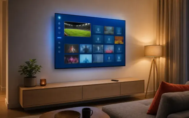 Smart-tv i ett vardagsrum som visar en IPTV-app med kanallista och tv-guide, utan någon box ansluten – Bästa IPTV