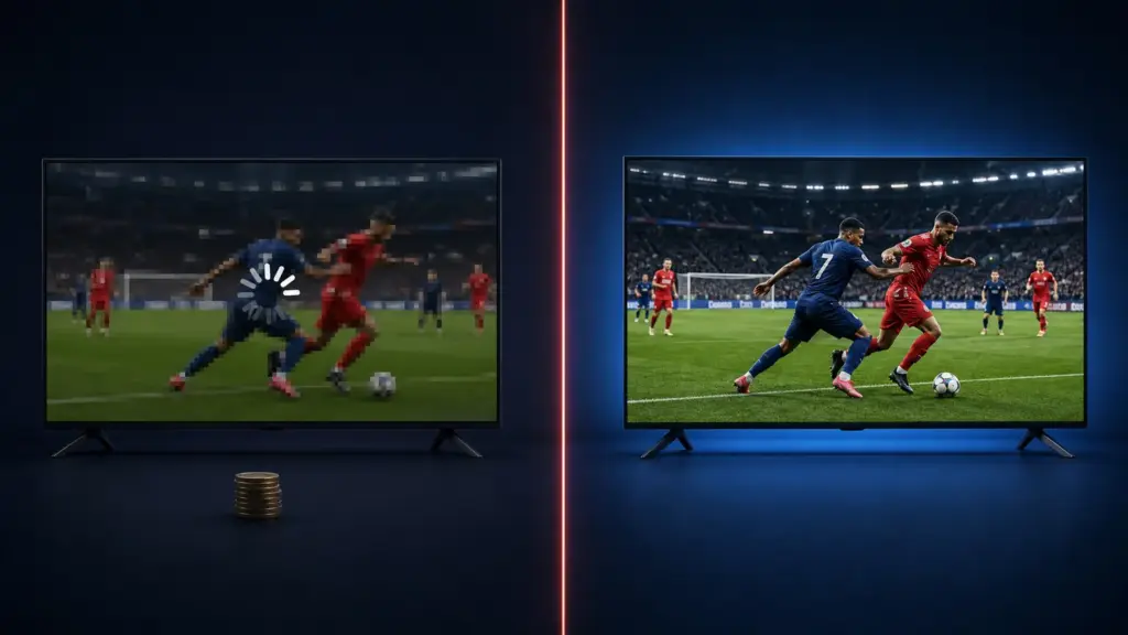 Två tv-skärmar sida vid sida: en billig ström som buffrar med snurrande laddningsikon och en stabil ström med skarp bild – Bästa IPTV