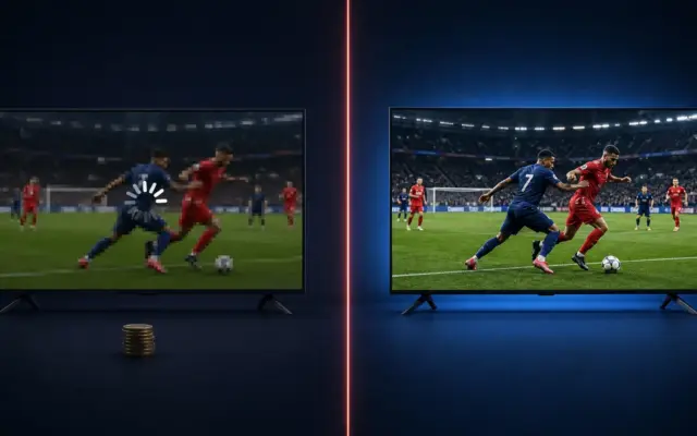 Två tv-skärmar sida vid sida: en billig ström som buffrar med snurrande laddningsikon och en stabil ström med skarp bild – Bästa IPTV