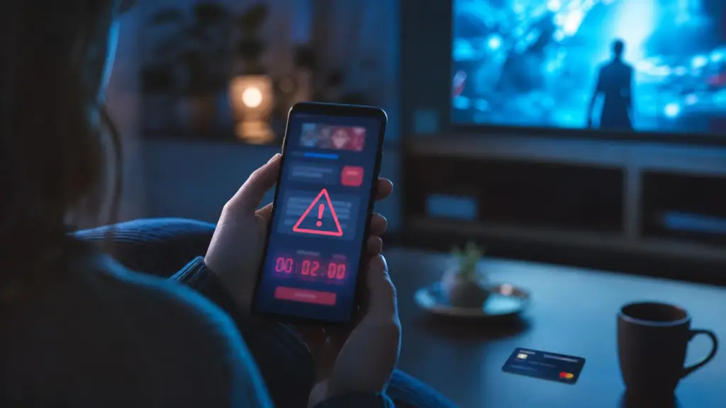 Person som granskar ett misstänkt IPTV-erbjudande med nedräkning och livstidspris på sin mobil – Bästa IPTV