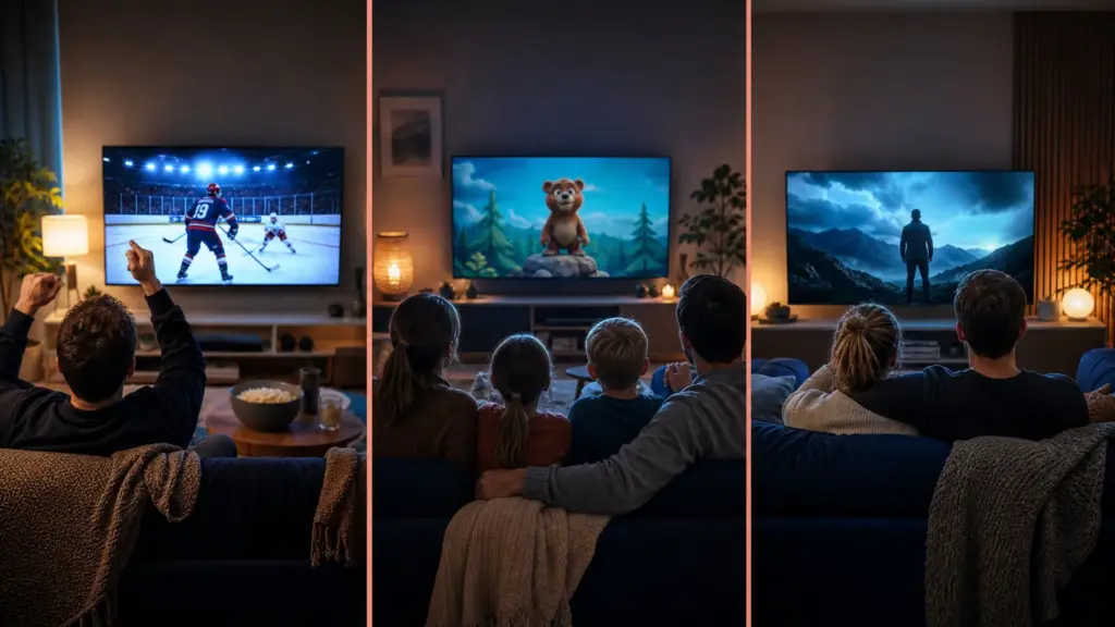 Olika tittare framför var sin tv: en sportfantast, en barnfamilj i soffan och en filmälskare med 4K-film – Bästa IPTV