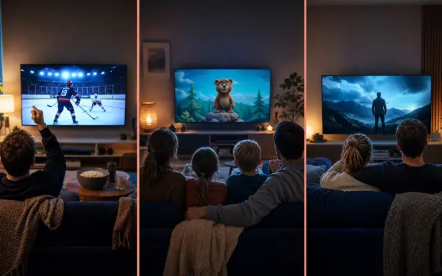 Olika tittare framför var sin tv: en sportfantast, en barnfamilj i soffan och en filmälskare med 4K-film – Bästa IPTV